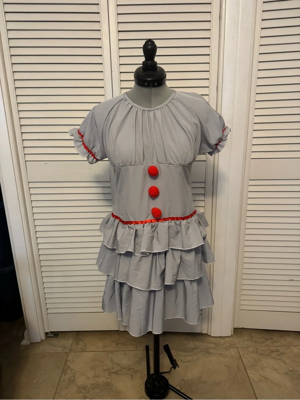 Light Gray Ruffle Tiered Dress Clown Costume with Red Accents